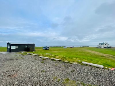 View of campsite with ocean in the background